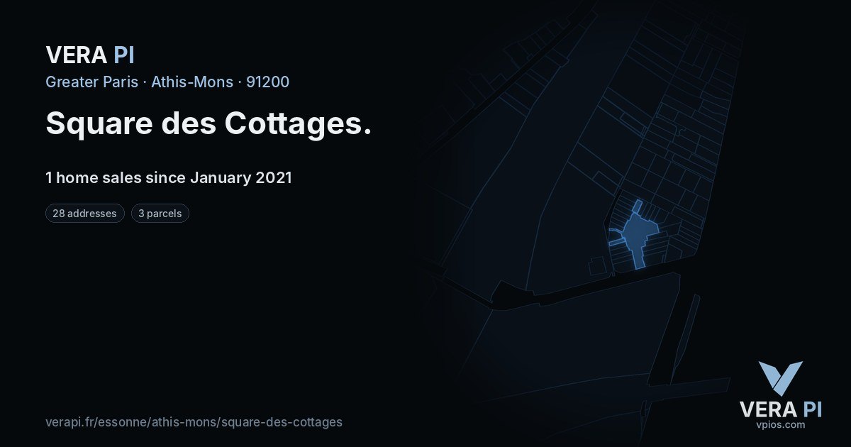 Square des Cottages, Athis-Mons at night – every parcel coloured by the prices around it, the street's own parcels lit
