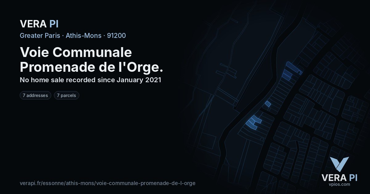 Voie Communale Promenade de l'Orge, Athis-Mons at night – every parcel coloured by the prices around it, the street's own parcels lit
