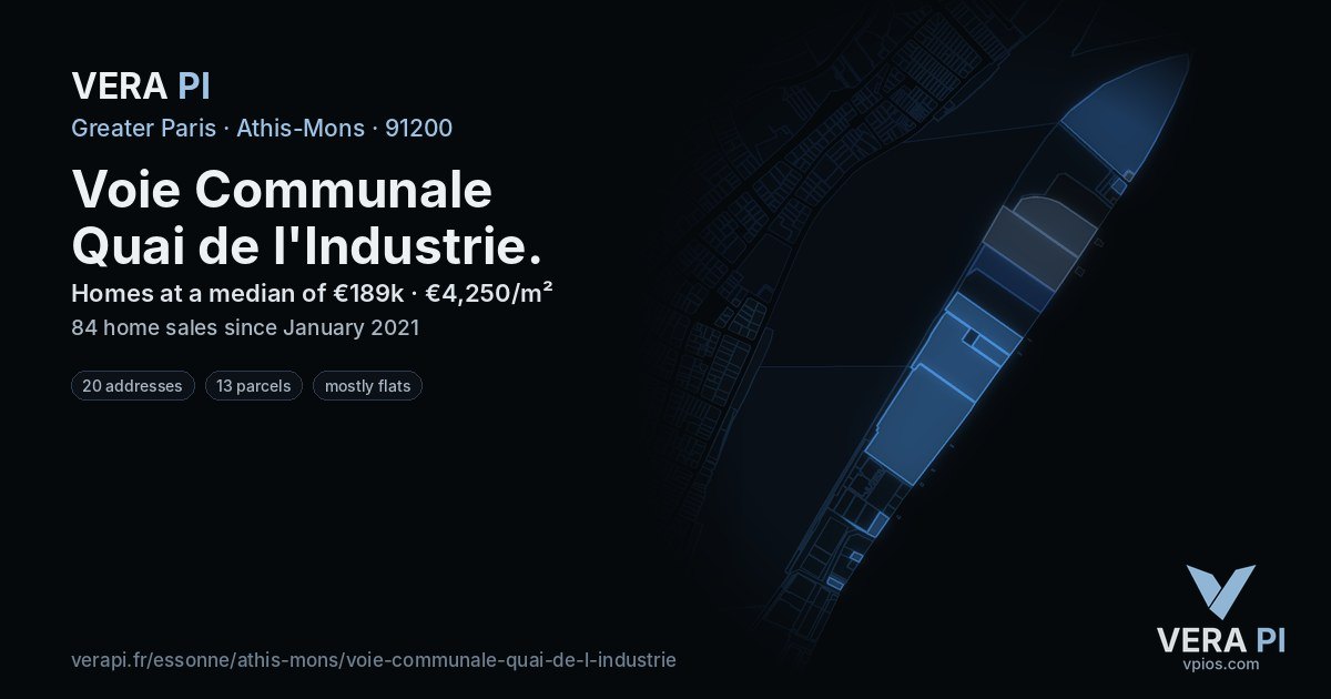 Voie Communale Quai de l'Industrie, Athis-Mons at night – every parcel coloured by the prices around it, the street's own parcels lit