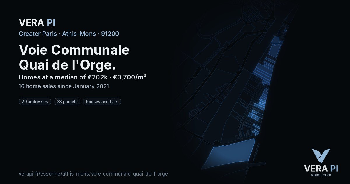 Voie Communale Quai de l'Orge, Athis-Mons at night – every parcel coloured by the prices around it, the street's own parcels lit