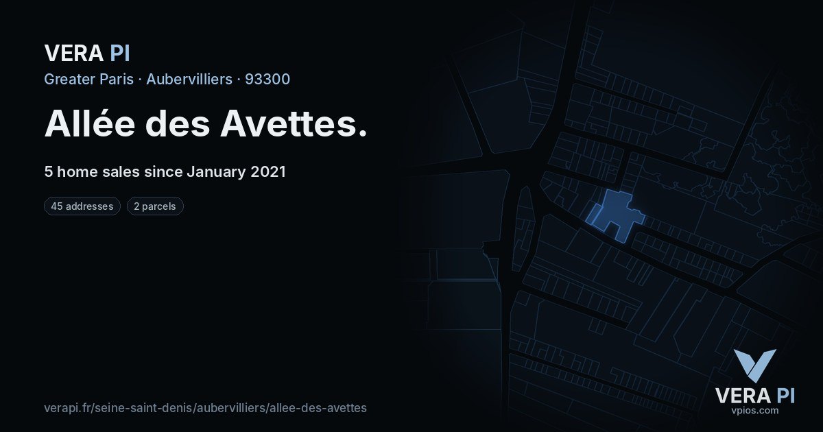 Allée des Avettes, Aubervilliers at night – every parcel coloured by the prices around it, the street's own parcels lit