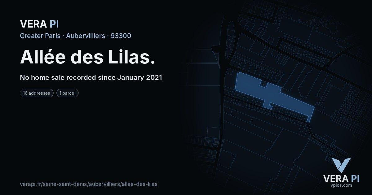 Allée des Lilas, Aubervilliers at night – every parcel coloured by the prices around it, the street's own parcels lit
