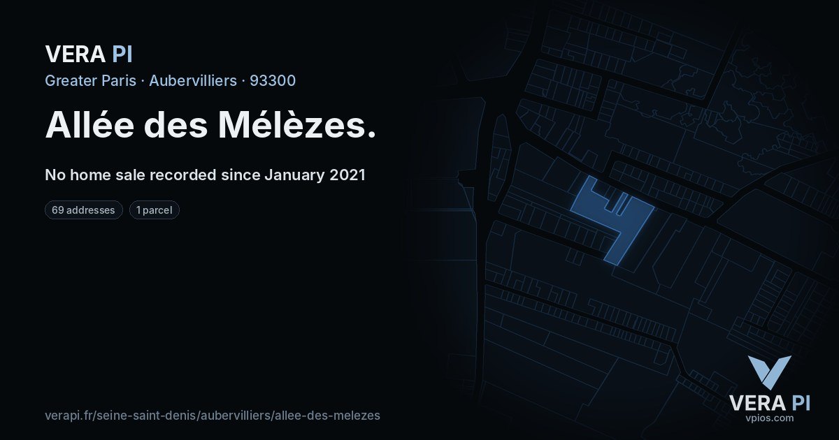 Allée des Mélèzes, Aubervilliers at night – every parcel coloured by the prices around it, the street's own parcels lit