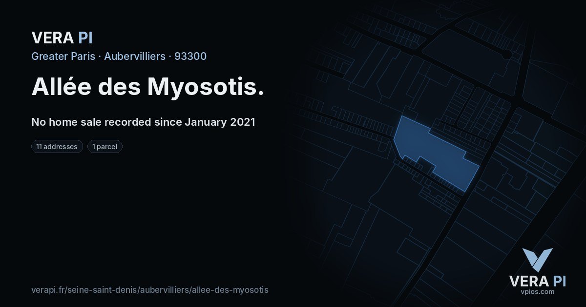 Allée des Myosotis, Aubervilliers at night – every parcel coloured by the prices around it, the street's own parcels lit