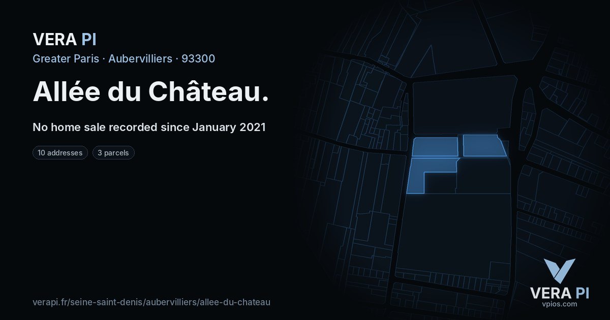 Allée du Château, Aubervilliers at night – every parcel coloured by the prices around it, the street's own parcels lit