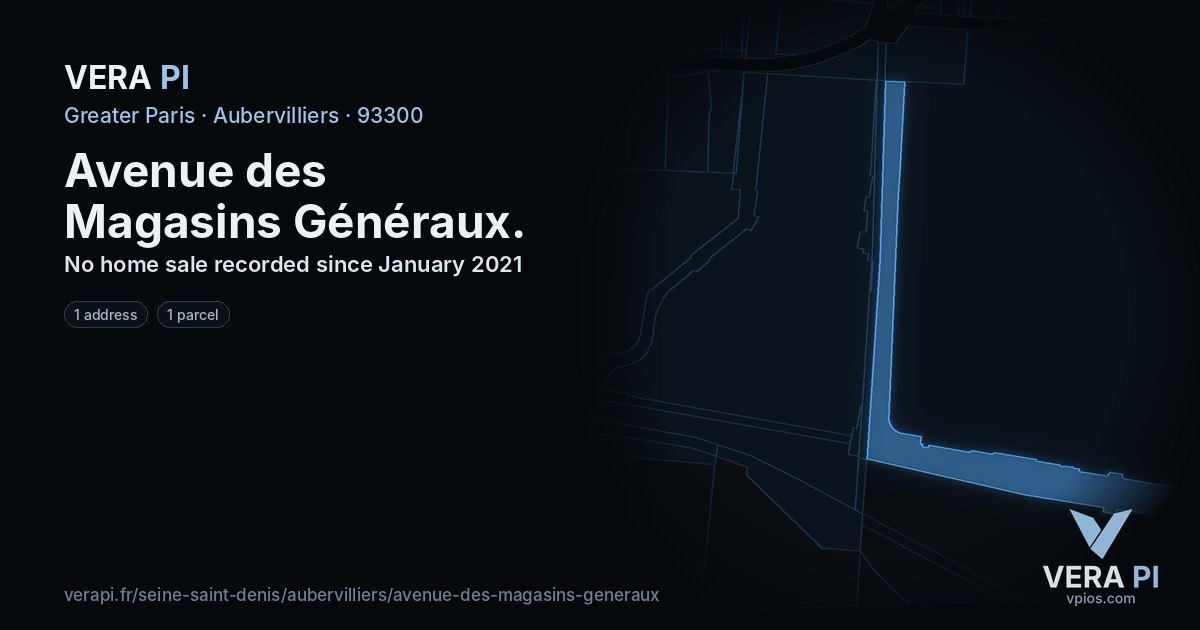 Avenue des Magasins Généraux, Aubervilliers at night – every parcel coloured by the prices around it, the street's own parcels lit