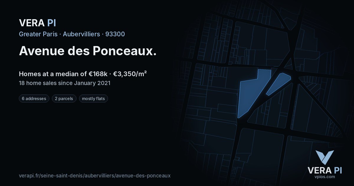 Avenue des Ponceaux, Aubervilliers at night – every parcel coloured by the prices around it, the street's own parcels lit