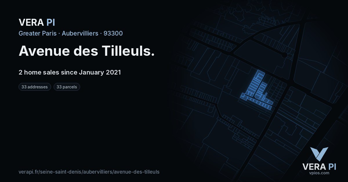 Avenue des Tilleuls, Aubervilliers at night – every parcel coloured by the prices around it, the street's own parcels lit
