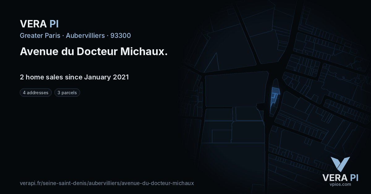 Avenue du Docteur Michaux, Aubervilliers at night – every parcel coloured by the prices around it, the street's own parcels lit