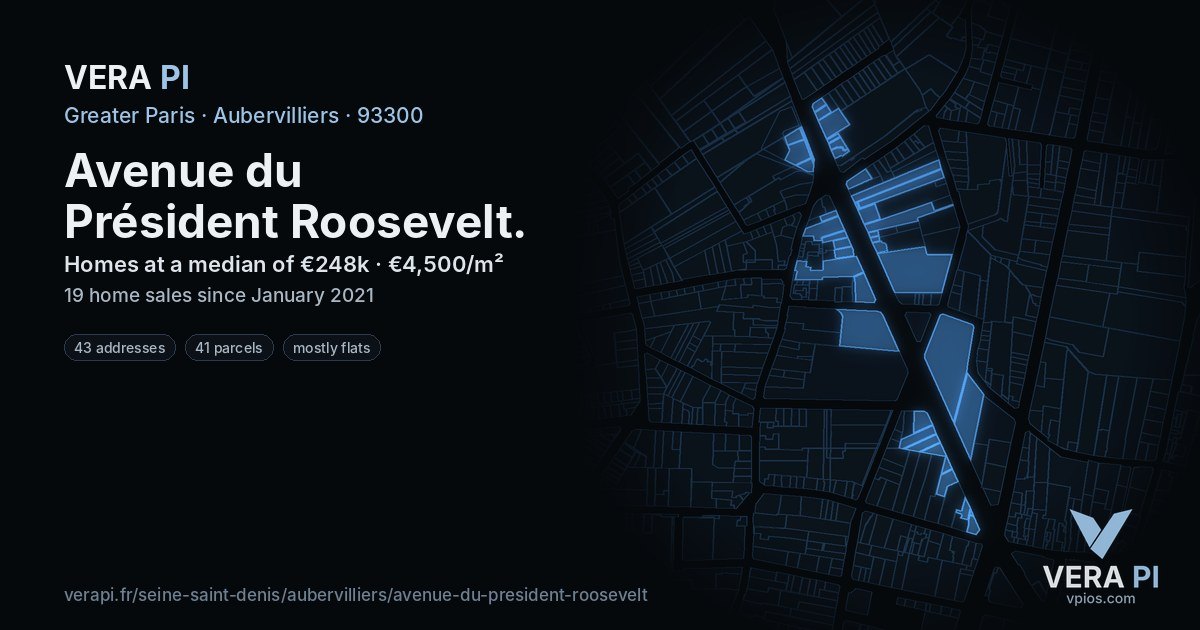 Avenue du Président Roosevelt, Aubervilliers at night – every parcel coloured by the prices around it, the street's own parcels lit
