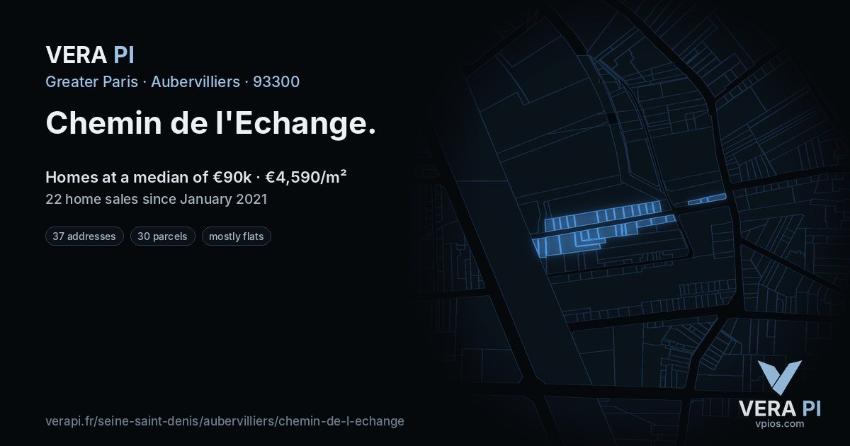 Chemin de l'Echange, Aubervilliers at night – every parcel coloured by the prices around it, the street's own parcels lit