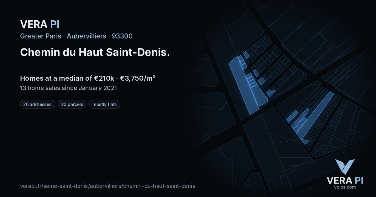 Chemin du Haut Saint-Denis, Aubervilliers at night – every parcel coloured by the prices around it, the street's own parcels lit
