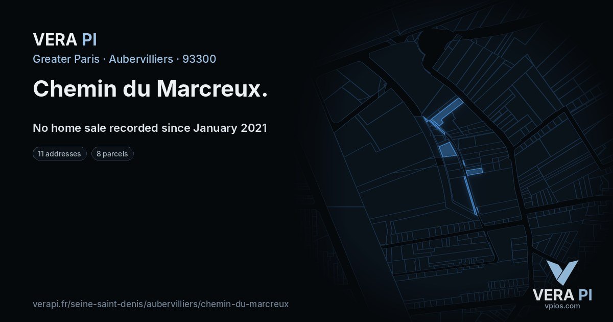 Chemin du Marcreux, Aubervilliers at night – every parcel coloured by the prices around it, the street's own parcels lit