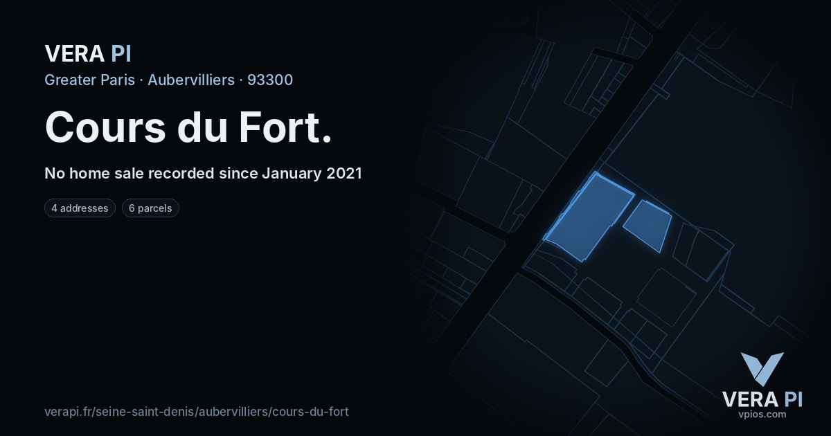 Cours du Fort, Aubervilliers at night – every parcel coloured by the prices around it, the street's own parcels lit