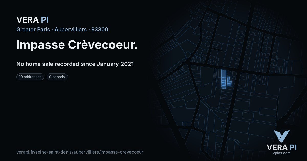 Impasse Crèvecoeur, Aubervilliers at night – every parcel coloured by the prices around it, the street's own parcels lit