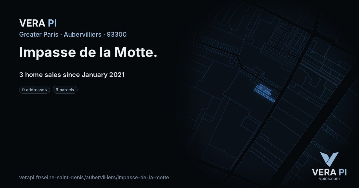 Impasse de la Motte, Aubervilliers at night – every parcel coloured by the prices around it, the street's own parcels lit