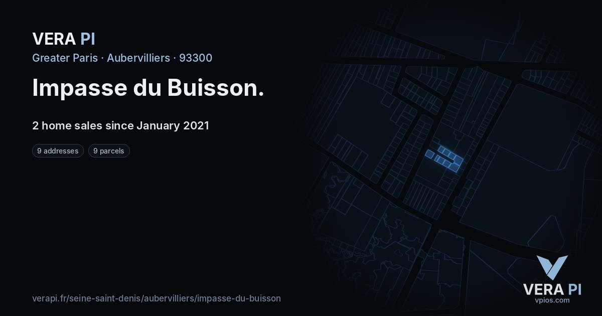 Impasse du Buisson, Aubervilliers at night – every parcel coloured by the prices around it, the street's own parcels lit