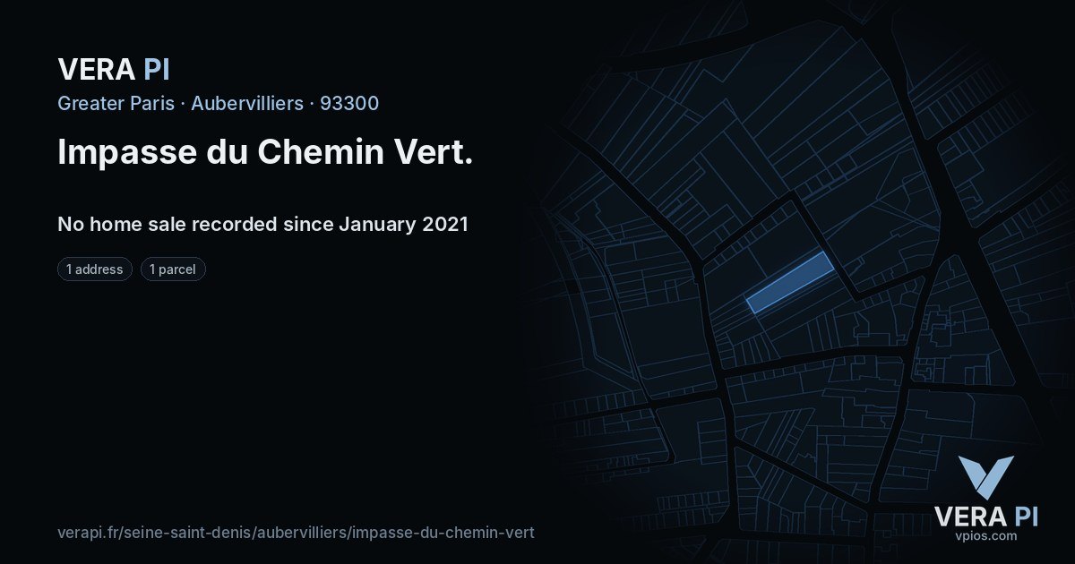 Impasse du Chemin Vert, Aubervilliers at night – every parcel coloured by the prices around it, the street's own parcels lit
