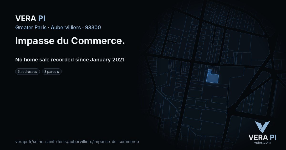 Impasse du Commerce, Aubervilliers at night – every parcel coloured by the prices around it, the street's own parcels lit