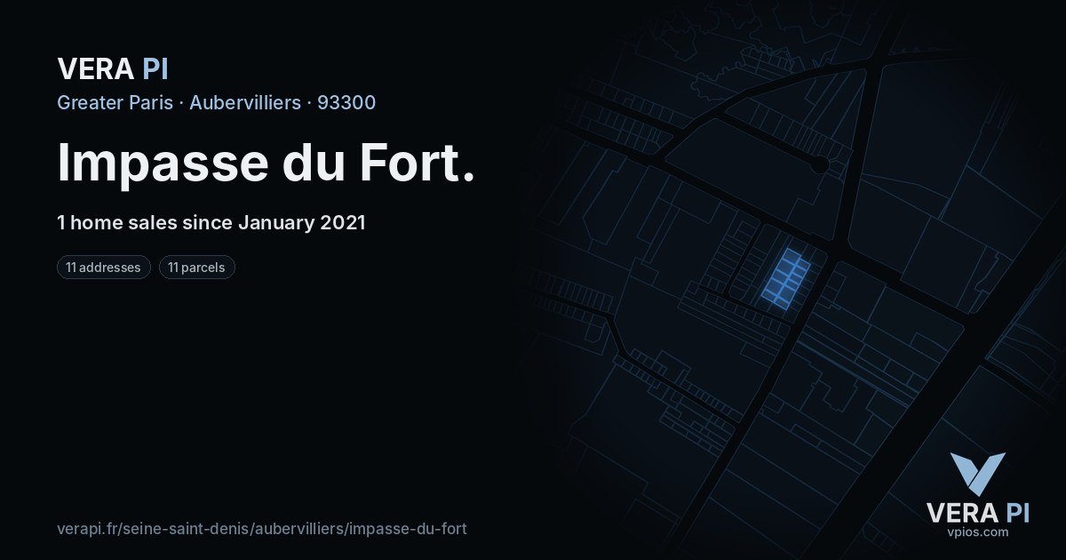 Impasse du Fort, Aubervilliers at night – every parcel coloured by the prices around it, the street's own parcels lit