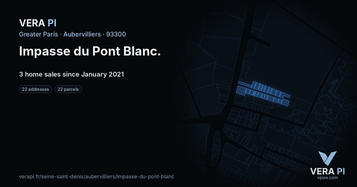 Impasse du Pont Blanc, Aubervilliers at night – every parcel coloured by the prices around it, the street's own parcels lit