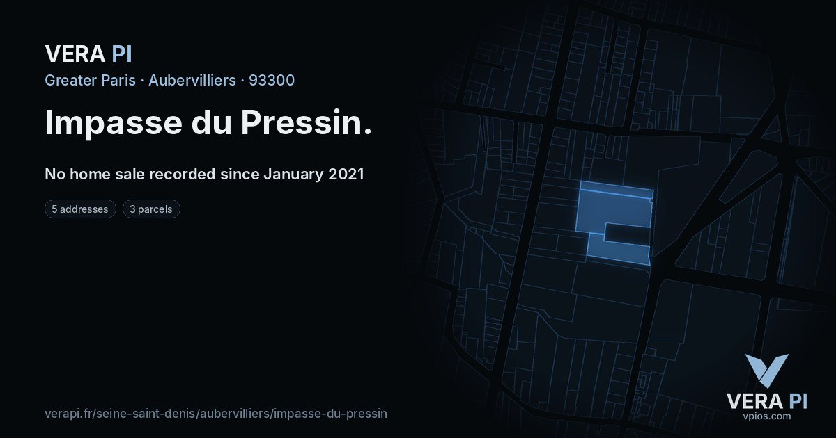 Impasse du Pressin, Aubervilliers at night – every parcel coloured by the prices around it, the street's own parcels lit