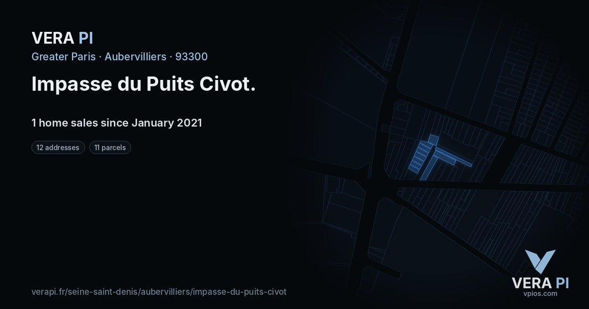 Impasse du Puits Civot, Aubervilliers at night – every parcel coloured by the prices around it, the street's own parcels lit