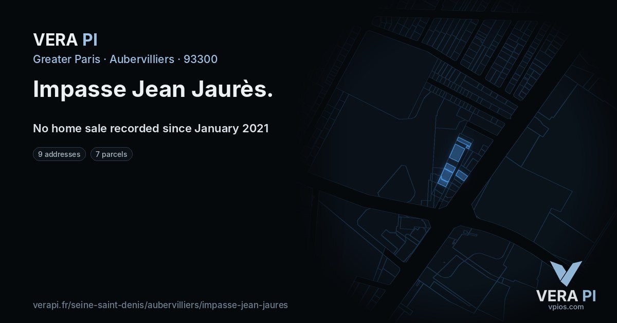 Impasse Jean Jaurès, Aubervilliers at night – every parcel coloured by the prices around it, the street's own parcels lit