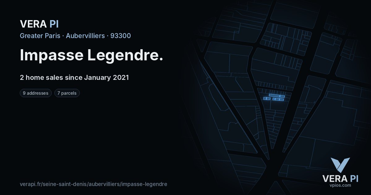 Impasse Legendre, Aubervilliers at night – every parcel coloured by the prices around it, the street's own parcels lit