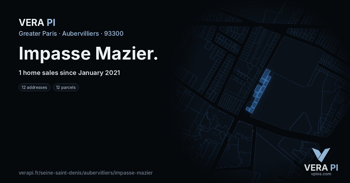 Impasse Mazier, Aubervilliers at night – every parcel coloured by the prices around it, the street's own parcels lit