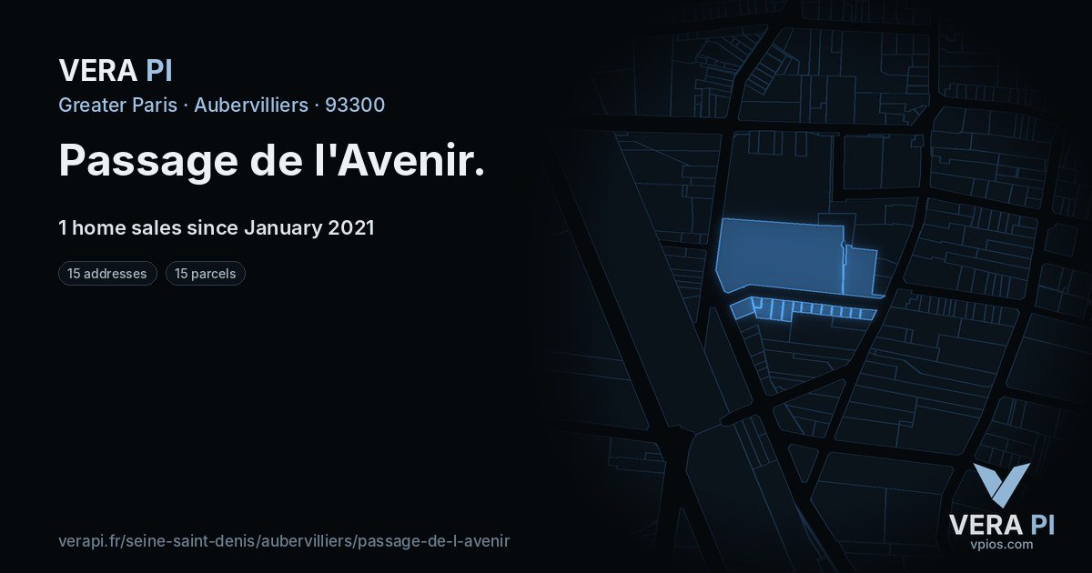 Passage de l'Avenir, Aubervilliers at night – every parcel coloured by the prices around it, the street's own parcels lit