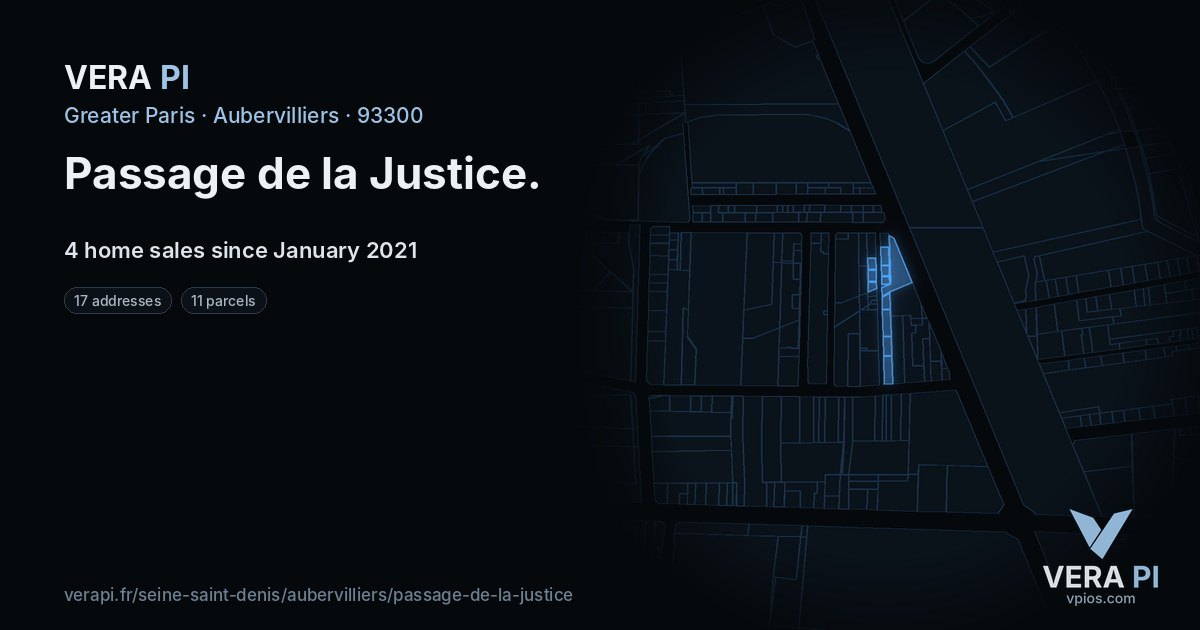 Passage de la Justice, Aubervilliers at night – every parcel coloured by the prices around it, the street's own parcels lit
