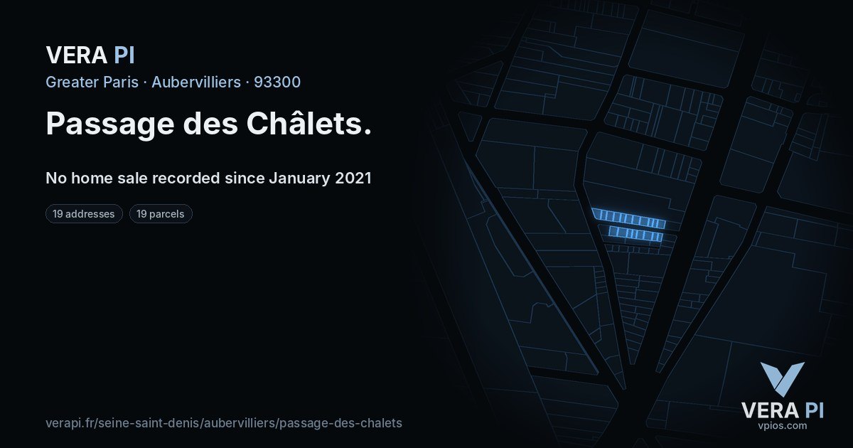 Passage des Châlets, Aubervilliers at night – every parcel coloured by the prices around it, the street's own parcels lit