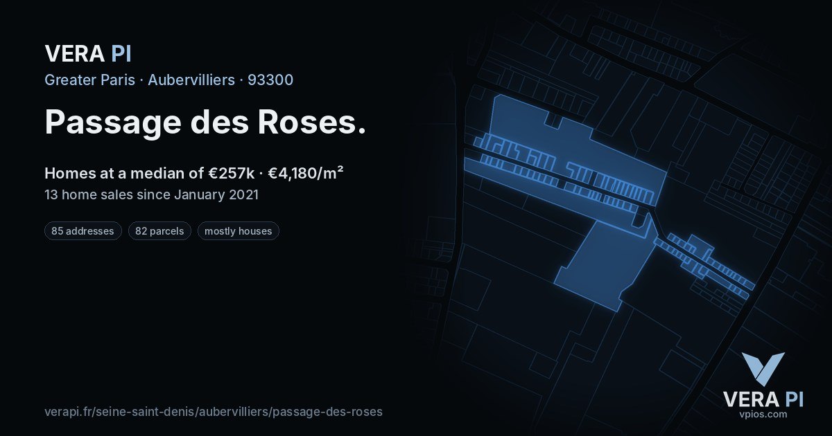 Passage des Roses, Aubervilliers at night – every parcel coloured by the prices around it, the street's own parcels lit