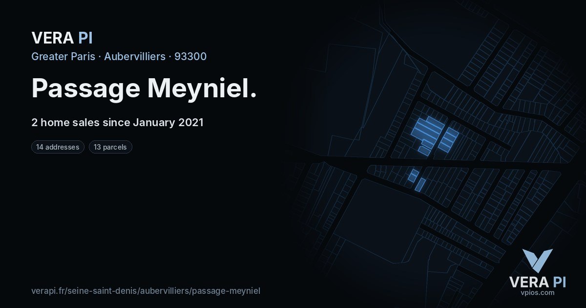 Passage Meyniel, Aubervilliers at night – every parcel coloured by the prices around it, the street's own parcels lit