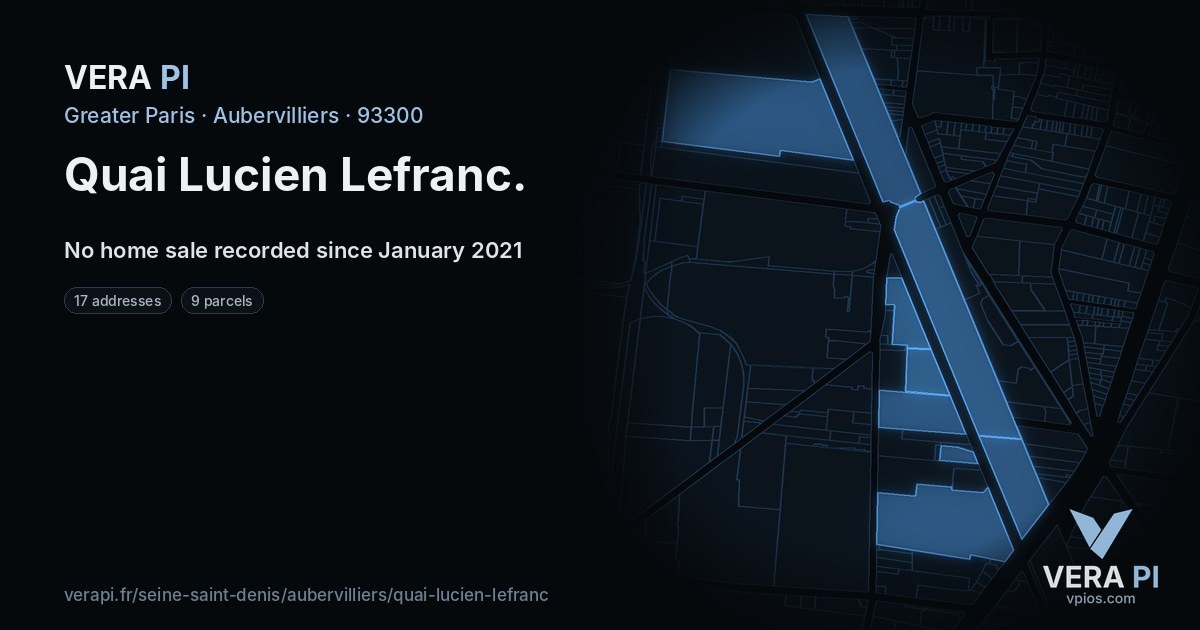 Quai Lucien Lefranc, Aubervilliers at night – every parcel coloured by the prices around it, the street's own parcels lit