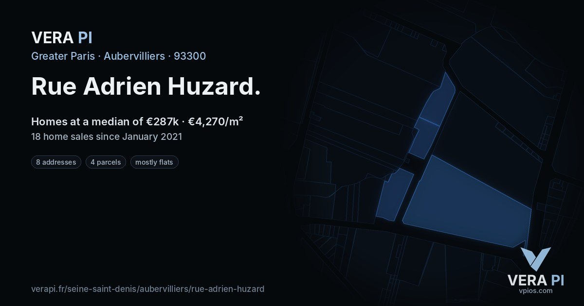 Rue Adrien Huzard, Aubervilliers at night – every parcel coloured by the prices around it, the street's own parcels lit