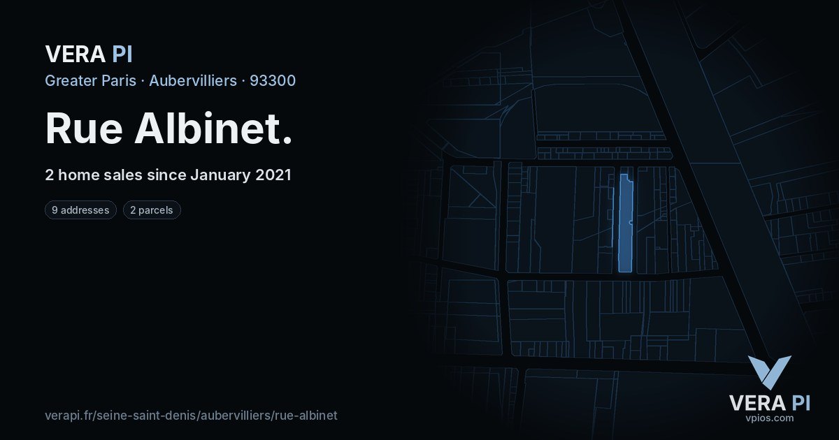 Rue Albinet, Aubervilliers at night – every parcel coloured by the prices around it, the street's own parcels lit