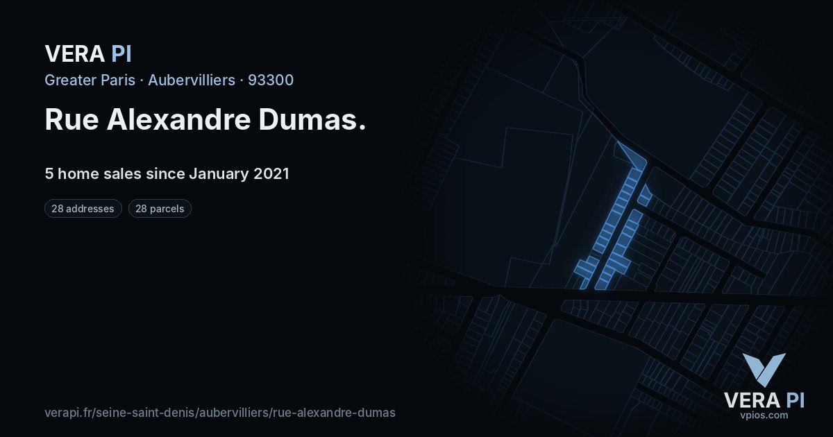 Rue Alexandre Dumas, Aubervilliers at night – every parcel coloured by the prices around it, the street's own parcels lit