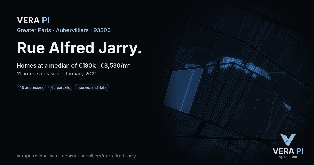 Rue Alfred Jarry, Aubervilliers at night – every parcel coloured by the prices around it, the street's own parcels lit