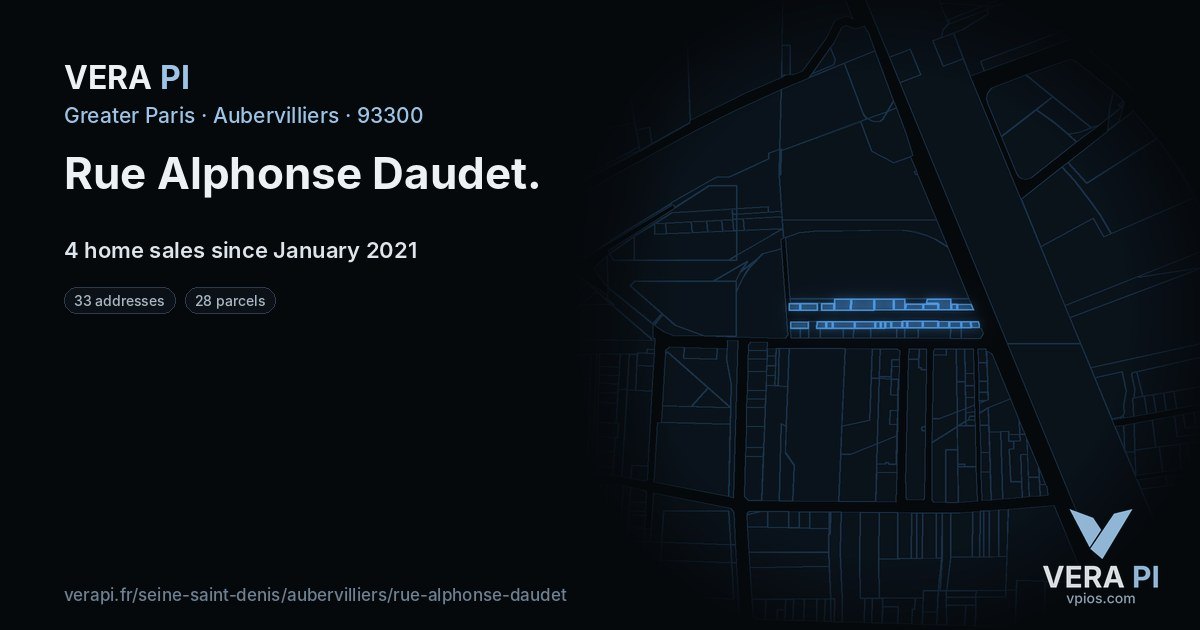 Rue Alphonse Daudet, Aubervilliers at night – every parcel coloured by the prices around it, the street's own parcels lit