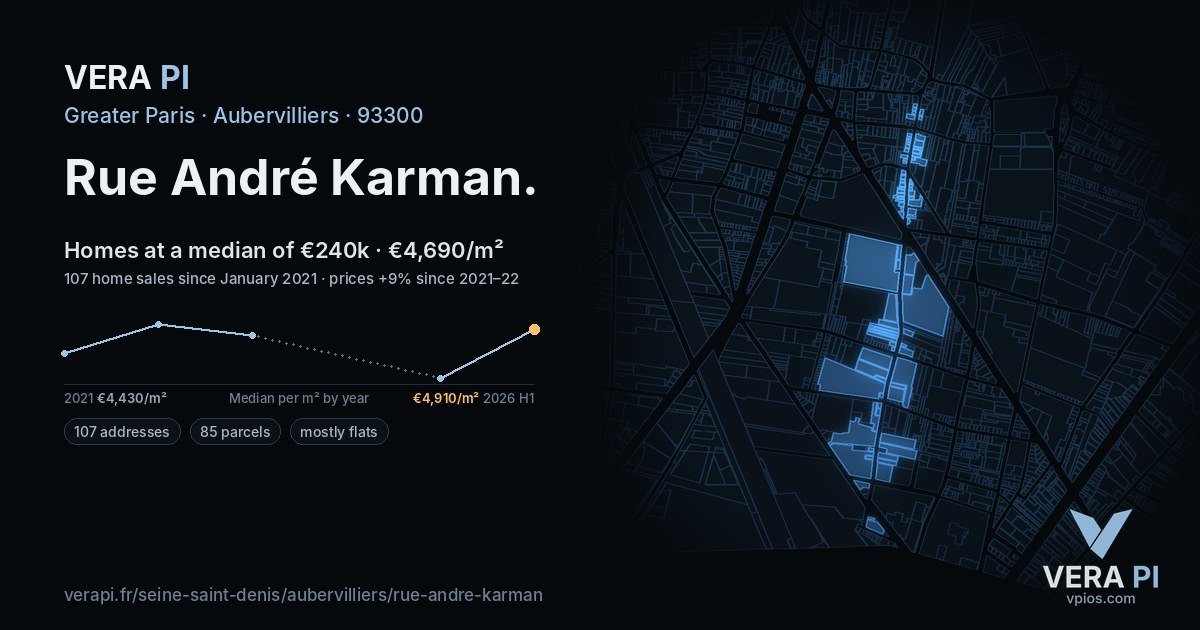 Rue André Karman, Aubervilliers at night – every parcel coloured by the prices around it, the street's own parcels lit