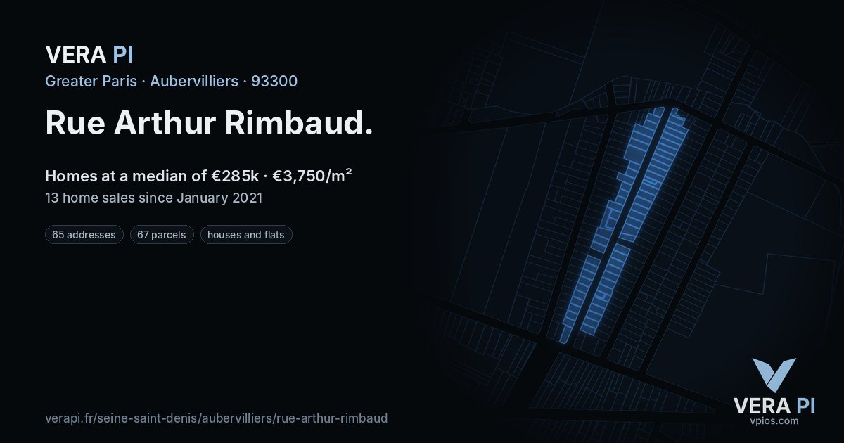 Rue Arthur Rimbaud, Aubervilliers at night – every parcel coloured by the prices around it, the street's own parcels lit