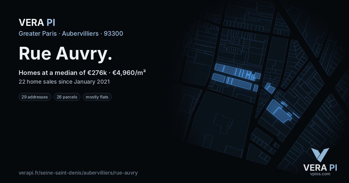 Rue Auvry, Aubervilliers at night – every parcel coloured by the prices around it, the street's own parcels lit