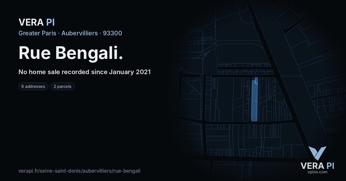 Rue Bengali, Aubervilliers at night – every parcel coloured by the prices around it, the street's own parcels lit