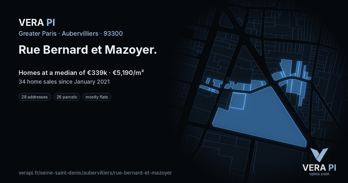 Rue Bernard et Mazoyer, Aubervilliers at night – every parcel coloured by the prices around it, the street's own parcels lit
