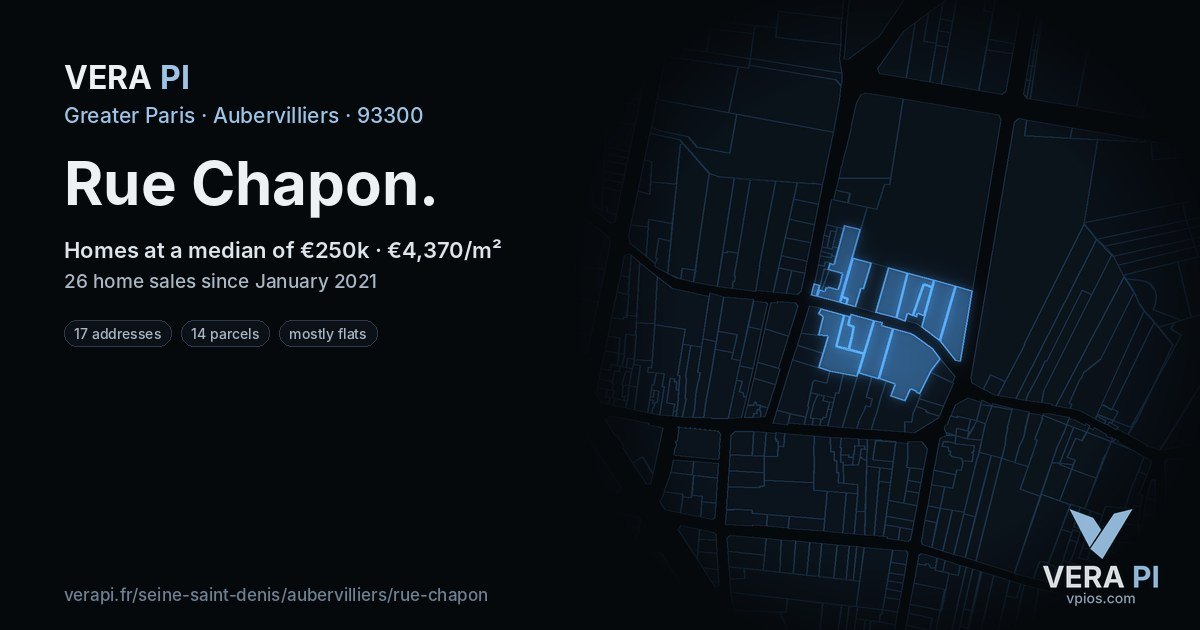 Rue Chapon, Aubervilliers at night – every parcel coloured by the prices around it, the street's own parcels lit