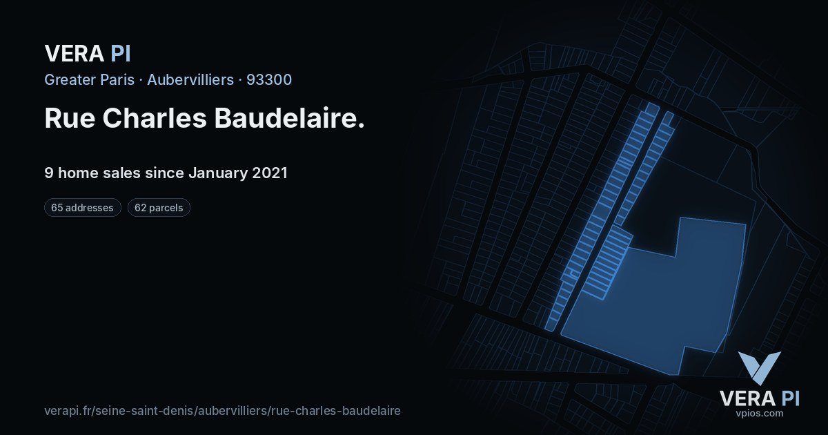 Rue Charles Baudelaire, Aubervilliers at night – every parcel coloured by the prices around it, the street's own parcels lit