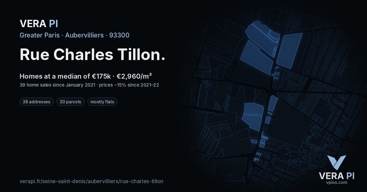 Rue Charles Tillon, Aubervilliers at night – every parcel coloured by the prices around it, the street's own parcels lit