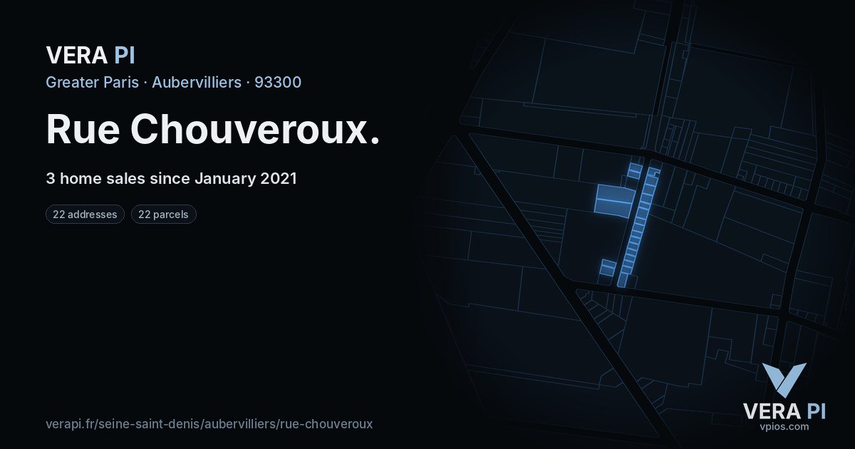 Rue Chouveroux, Aubervilliers at night – every parcel coloured by the prices around it, the street's own parcels lit